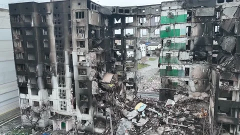 Blown up and burned down house. Destruction from war. Ukraine war Stock Footage 183453750
