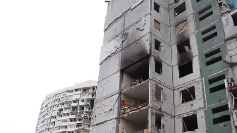 Blown up burnt building. Bombing attack in Ukraine. Stock Footage 196952274