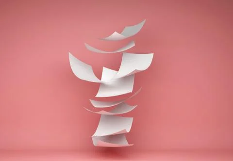 Blown Paper isolated on red background. Documents flying in air, 3d illustrat Stock Illustration