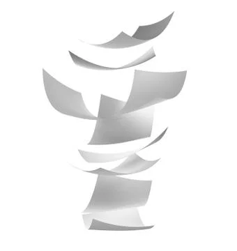 Blown Paper isolated on white background. Documents flying in air, 3d illustr Illustrazione stock
