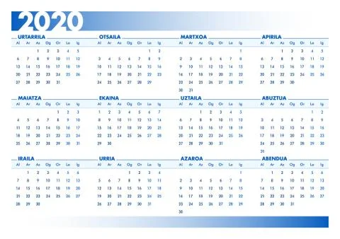 Blue 2020 Basque calendar. Printable landscape version Stock Illustration