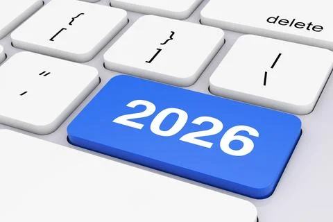 Blue 2026 New Year Key on White PC Keyboard. 3d Rendering Stock Illustration