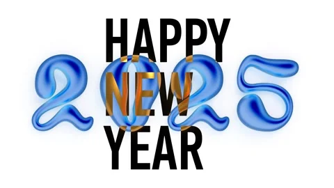 Blue 3D 2025 and black and gold text Happy New Year on white background Stock Footage 288909451