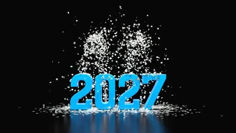Blue 3D 2027 digits with exploding silver confetti on a black background, N.. Stock Illustration