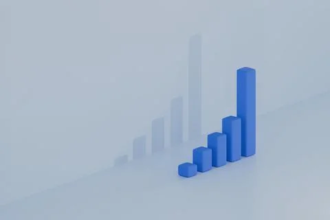 Blue 3D bar chart rising on light blue background Stock Illustration
