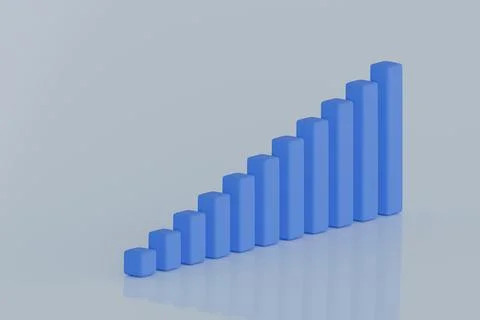 Blue 3D bar chart rising on light blue background Stock Illustration