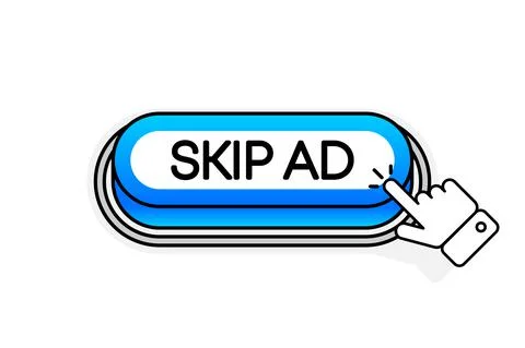 Blue 3D button with the inscription Skip AD, isolated on a white background.  Stock Illustration