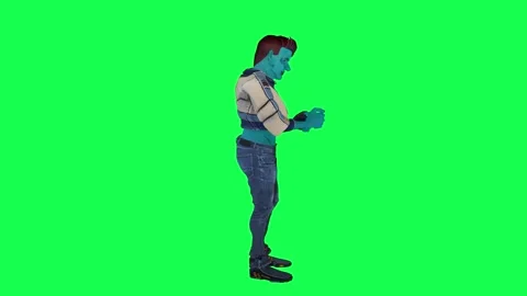 Blue 3D cartoon man dealing playing cards from left angle on green screen 3D Stock Footage 247813957