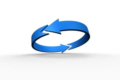 Blue 3D circular loop arrow graphic is floating above clean white surface, Stock Illustration