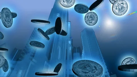 Blue 3D city wireframe background with money falling infront Stock Footage 88488134