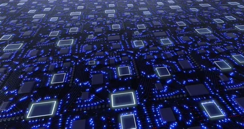 Blue 3D concept printed circuit boards with blue pulsation of glowing signals Stock Footage 146680374