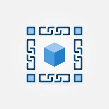 Blue 3d cube with chain icon. Vector blockchain symbol Stock Illustration