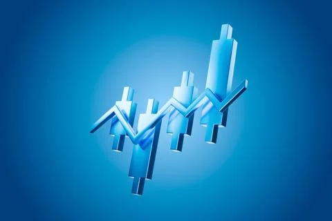 Blue 3D financial chart with upward arrows and trading graphs Illustrazione stock