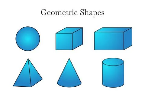 Blue 3D Geometric Shapes of Sphere, Cube, Cuboid, Pyramid, Cone and Cylinder Stock Illustration