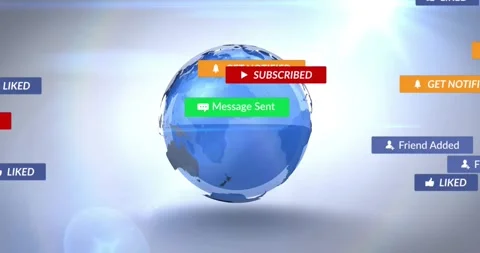 Blue 3D globe expanding and rotating after start spawning icons then fading to Stock Footage 328312238