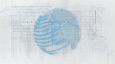 Blue 3D globe rotating with code emerging and scanlines sweeping and fading for Stock Footage 312638558