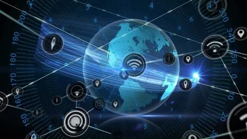 Blue 3D globe rotating in dark network, central node pulsing icons connecting, Stock Footage 311584965