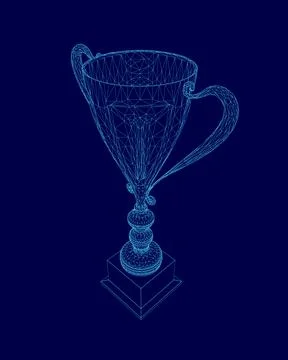 Blue 3D image of a cup with a handle. The cup is sitting on a pedestal Illustration