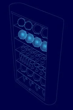 Blue 3D image of a wine rack with many wine glasses on it. The wine glasses are Stock Illustration