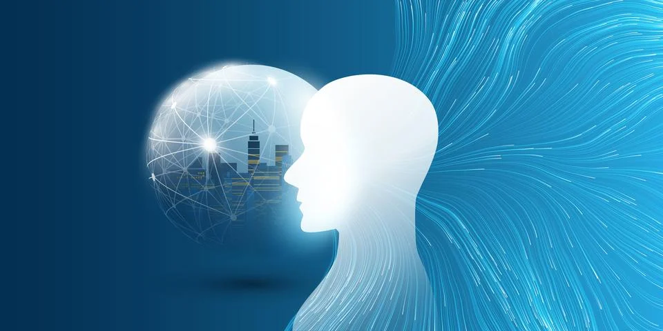 Blue 3D Machine Learning, Artificial Intelligence and Neural Networking Des.. Illustrazione stock