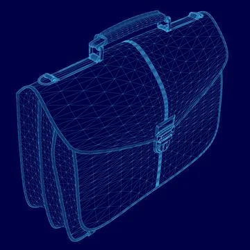 Blue 3D model of a briefcase with a handle. The briefcase is made of a material Illustration