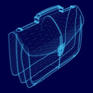Blue 3D model of a briefcase with a handle. The briefcase is made of a wire mesh Illustration