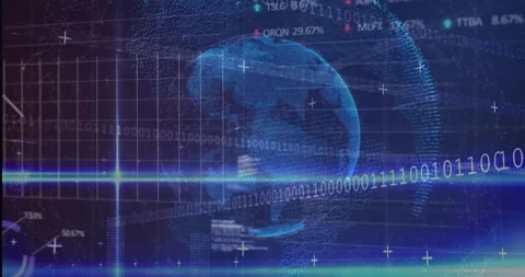 Blue 3D point?cloud globe rotating over dark grid, streaming glowing data labels Stock Footage 307436737