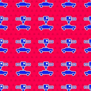 Blue 3D printer car icon isolated seamless pattern on red background. 3d Stock Illustration