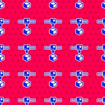 Blue 3D printer cube icon isolated seamless pattern on red background. 3d Stock Illustration
