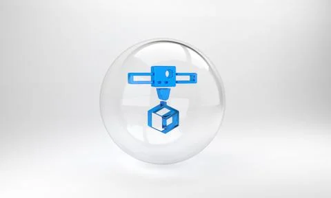 Blue 3D printer cube icon isolated on grey background. 3d printing. Glass cir 스톡 일러스트