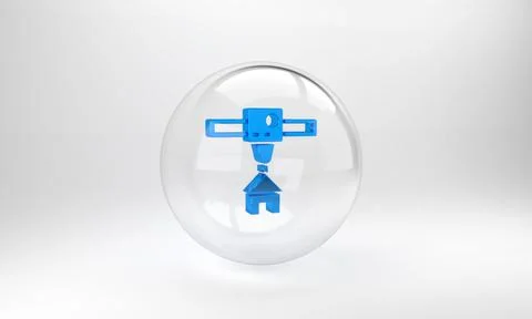 Blue 3D printer house icon isolated on grey background. 3d printing. Glass ci イラスト素材