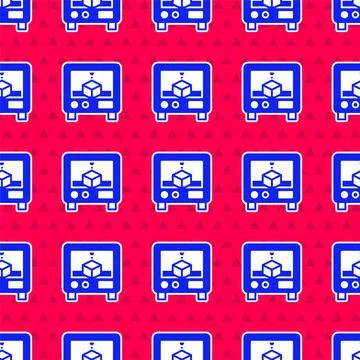 Blue 3D printer icon isolated seamless pattern on red background. 3d printing Stock Illustration