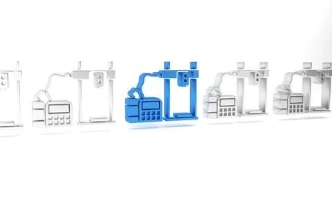 Blue 3D printer icon isolated on white background. Minimalism concept. 3D r.. Stock Illustration