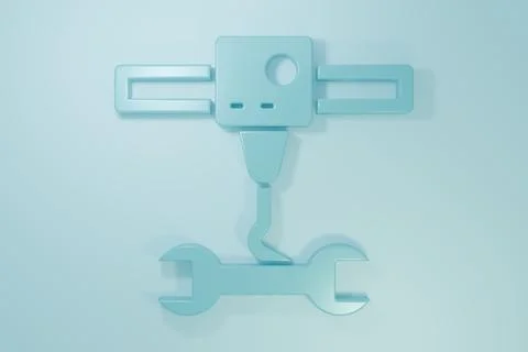 Blue 3D printer wrench spanner icon isolated on blue background. 3d printin.. Illustrazione stock