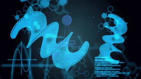 Blue 3D ribbon pulsing from left starting code scrolling and icon fading Stock Footage 310150783