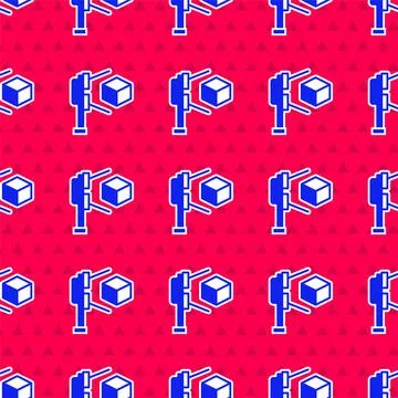 Blue 3D scanner with cube projection icon isolated seamless pattern on red 스톡 일러스트