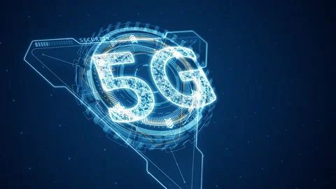 Blue 3D triangle and 5G with HUD circle rotation technology Stockbeeldmateriaal 203778417