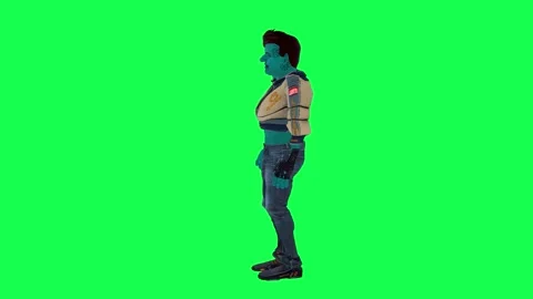 Blue 3D warrior character looking around and talking from right angle on green Stock Footage 247813855