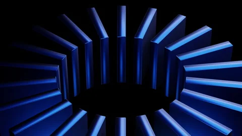 Blue Abstract 3D Ring of Striped Rectangular Pillars Futuristic Neon Lighting Stock Footage 344234836