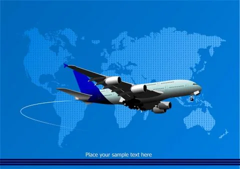 Blue abstract background with passenger plane and world map images. Vector il Stock Illustration