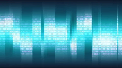 Blue abstract background with vertical shining stripes and digital binary array Stock Footage 73600311