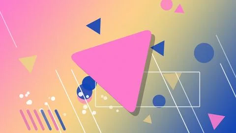 A blue abstract camera icon is angled on a pink-purple gradient with geomet.. Stock Illustration