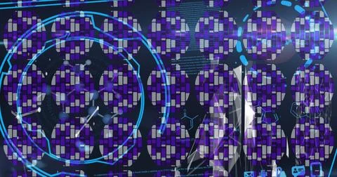 Blue abstract circular shape over digital interface with data processing on blue Stock Illustration