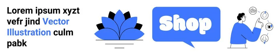 Blue abstract design elements with text graphics and a person using a tablet. Illustrazione stock