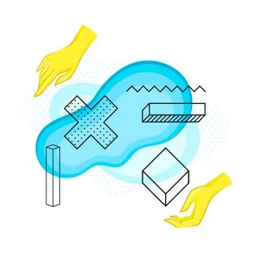 Blue Abstract Flowing Shape and Contour Geometrical Objects Surrounded by Human Stock Illustration