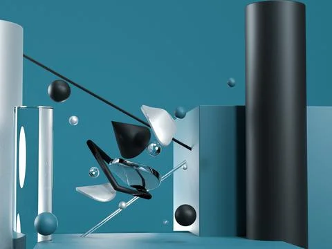 Blue abstract flying geometric objects. Black, blue, glass and silver colours 스톡 일러스트