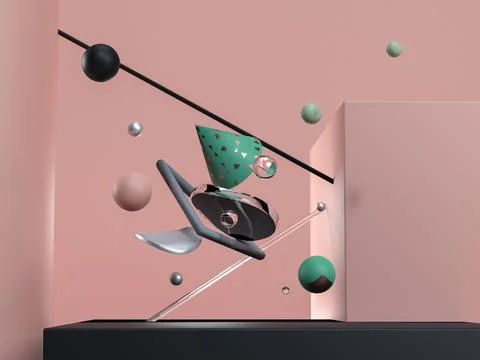 Blue abstract flying geometric objects. Black, pink, glass and green colours. 3d Stock Illustration