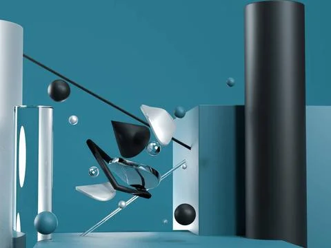 Blue abstract flying geometric objects. Black, blue, glass and silver colo... Stock Photos