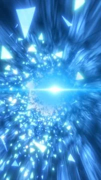 Blue abstract light tunnel filled with glowing triangular shards, suggestin.. Stock Illustration