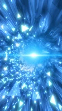 Blue abstract light tunnel filled with glowing triangular shards, suggestin.. Stockillustratie